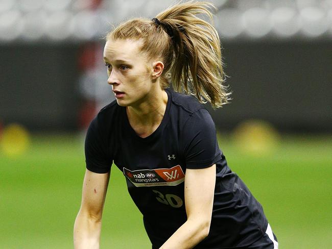 MELBOURNE, AUSTRALIA - OCTOBER 02:  Emerson Woods runs with the ball during the AFLW Draft Combine at Etihad Stadium on October 2, 2018 in Melbourne, Australia.  (Photo by Michael Dodge/Getty Images)