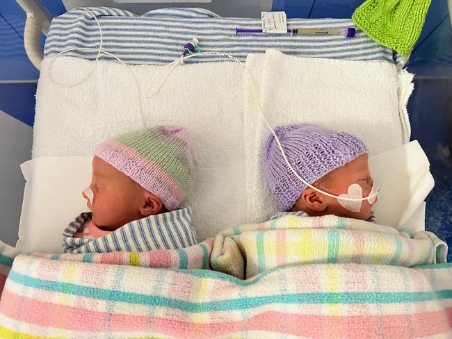 Twins Evelyn and Oscar were born at Hobart Private in October 2022, via emergency caesarean, with parents Nathan and Emily Walker expressing their sadness at the loss of the hospital's maternity ward. Picture: Nathan Walker