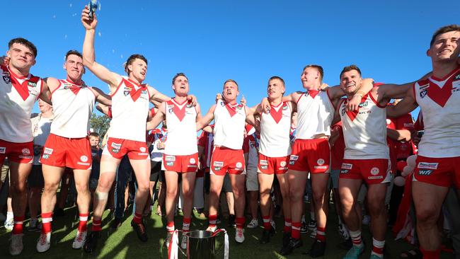 Ararat celebrates its first Wimmera league flag since 2001 at Dimboola. Picture: Yuri Kouzmin