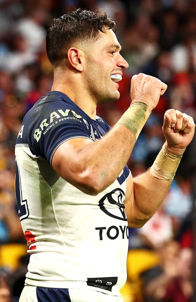 Braidon Burns of the Cowboys celebrates scoring a try for the Cowboys back in 2024. (Photo by Chris Hyde/Getty Images)