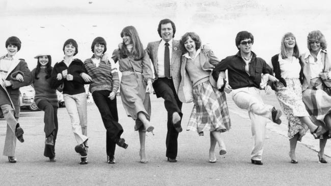 Johnny Young with the Young Talent Team at Adelaide Airport, 3 May 1979.