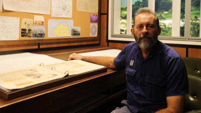 Jared Archibald at the MAGNT Cyclone Tracy exhibition, remembering what it was like coming to Darwin after the tragedy. Picture: Sam Lowe