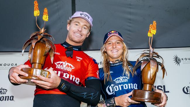 Ethan Ewing and Molly Picklum all smiles. Picture: Beatriz Ryder/World Surf League