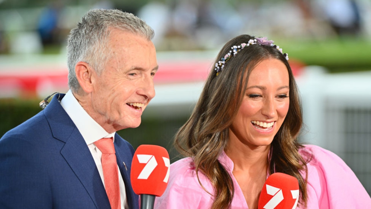 MELBOURNE, AUSTRALIA - FEBRUARY 25: Channel 7 Horse Racing presenters , Bruce McAvaney and Katelyn Mallyon during Melbourne Racing at Sandown Lakeside on February 25, 2023 in Melbourne, Australia. (Photo by Vince Caligiuri/Getty Images)