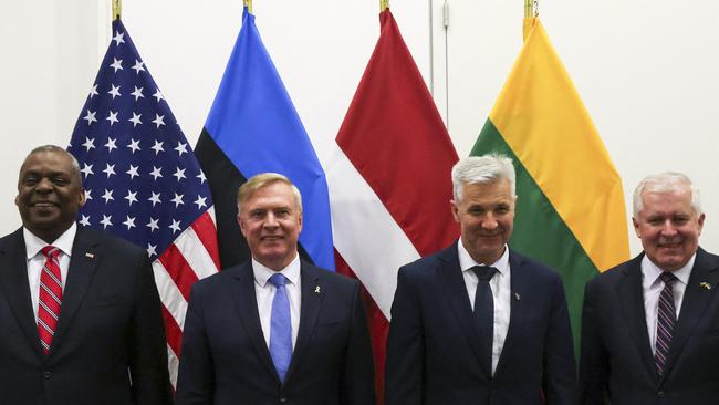 (From left) US Defence Secretary Lloyd Austin, Estonia's Defence Minister Kalle Laanet, Latvia's Defence Minister Artis Pabriks and Lithuania's Defence Minister Arvydas Anusauskas. Picture: AFP