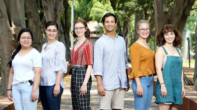 Brisbane State High School students Nghi Le Pham, Dana Pavlovic, Madeleine Orr, and Joseph Rangiah; Yeronga State High School’s Alithia Bowman; and Kenmore State High School student Megan Gardener are all hoping for an OP1 result. Picture: Steve Pohlner