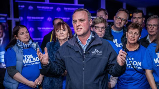 Tim Wilson speaks to media from his election night party at Black Rock Yacht Club. Picture: Jake Nowakowski