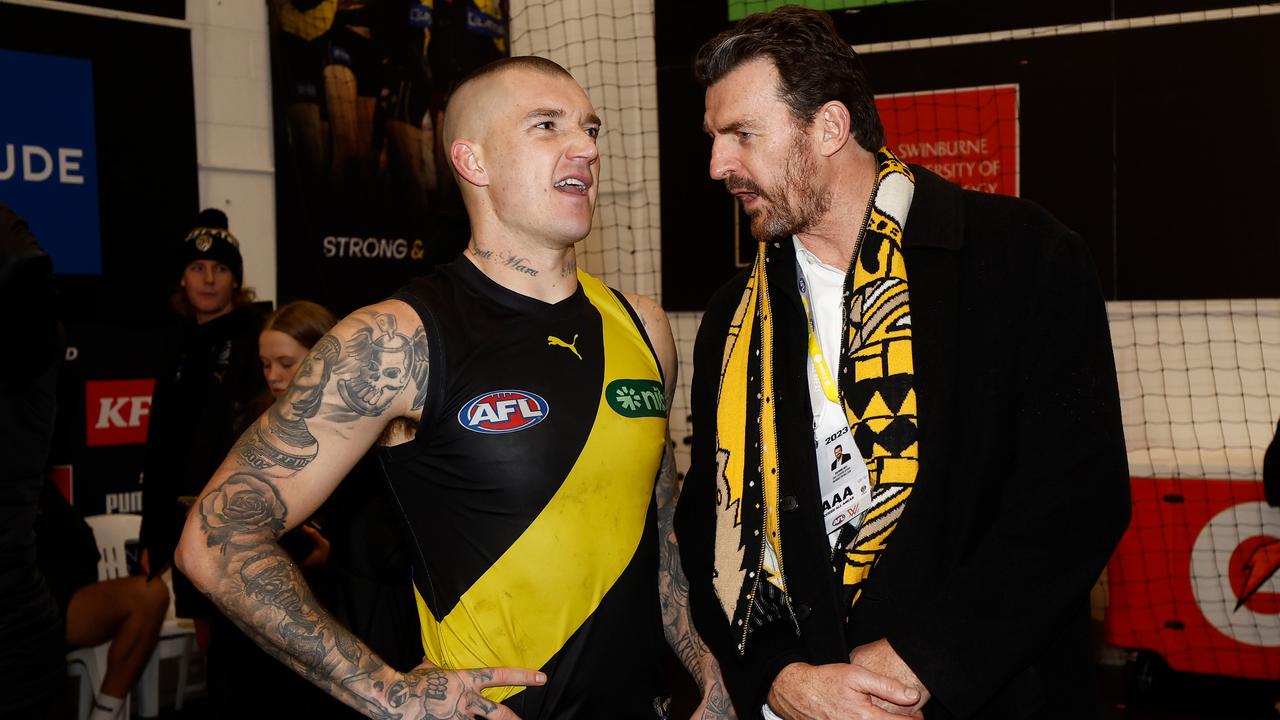 Gale speaking with Dustin Martin after a game (Photo by Michael Willson/AFL Photos via Getty Images)