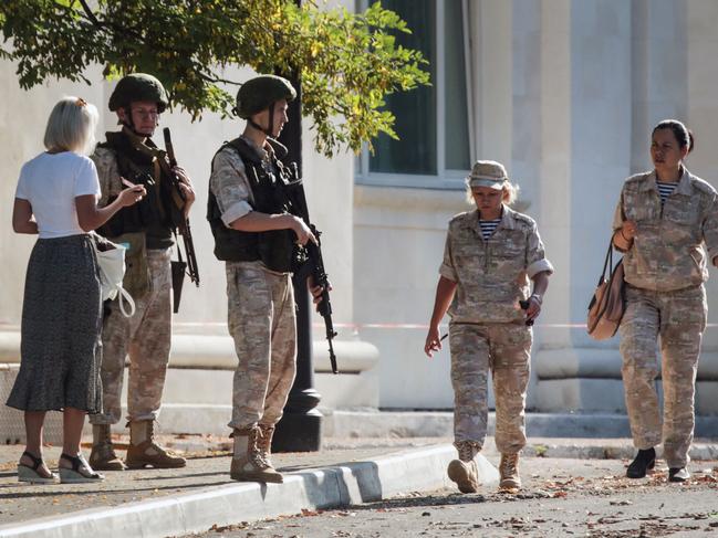Russian navy members patrol in Sevastopol, Crimea on July 31, 2022. Picture: Stringer/AFP