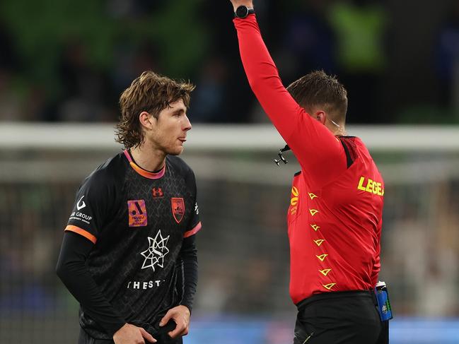 MELBOURNE, AUSTRALIA - MAY 19: Referee Shaun Evans sends off Max Burgess of Sydney FC after a foul on Marco Tilio of Melbourne City during the second leg of the A-League Men's Semi Final between Melbourne City and Sydney FC at AAMI Park, on May 19, 2023, in Melbourne, Australia. (Photo by Robert Cianflone/Getty Images)