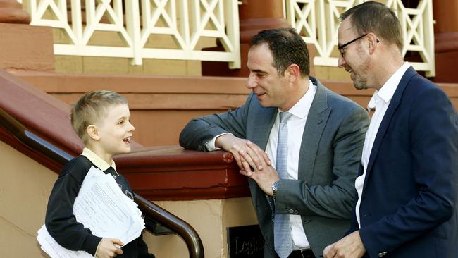 Bondi Public school student Lucas Buchanan — 7 chats with Shadow Education Minister Jihad Dib and Upper House Greens MP David Shoebridge as he hands over the CLOSE East petition. Picture: John Appleyard