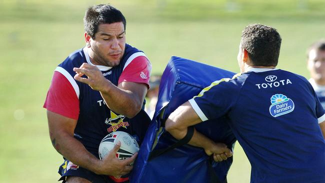 Carl Webb dodges Matt Bowen at North Queensland Cowboys training