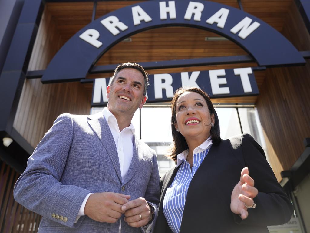 Opposition Leader Brad Battin and Liberal candidate Rachel Westaway claim victory on Sunday following the Prahran by-election. Picture: Valeriu Campan