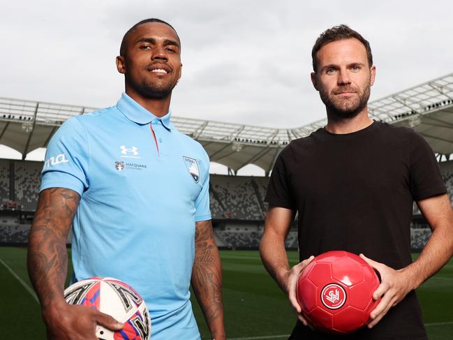 SYDNEY, AUSTRALIA - OCTOBER 16:  Douglas Costa of Sydney FC (L) and Juan Mata of the Wanderers (R) pose during an A-League media opportunity at CommBank Stadium on October 16, 2024 in Sydney, Australia.  (Photo by Matt King/Getty Images)