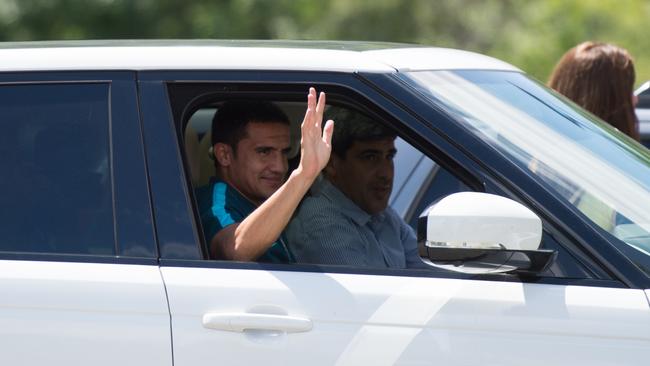 Tim Cahill waves as he arrives at NYCFC training centre.