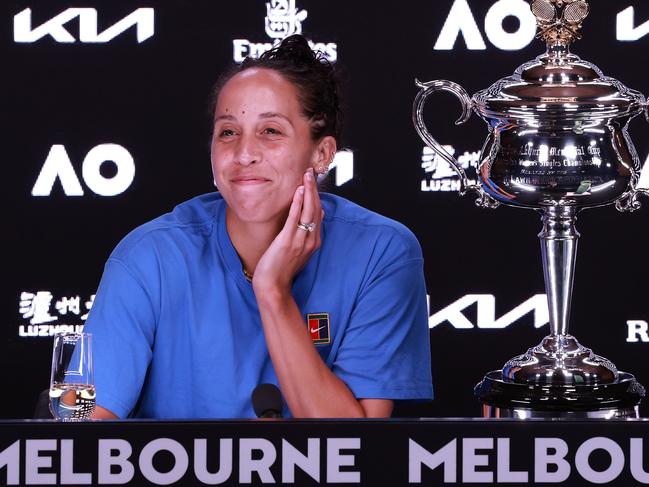 MELBOURNE, AUSTRALIA - JANUARY 25: Madison Keys of the United States attends a press conference following her victory in the Women's Singles Final against Aryna Sabalenka during day 14 of the 2025 Australian Open at Melbourne Park on January 25, 2025 in Melbourne, Australia. (Photo by Darrian Traynor/Getty Images)