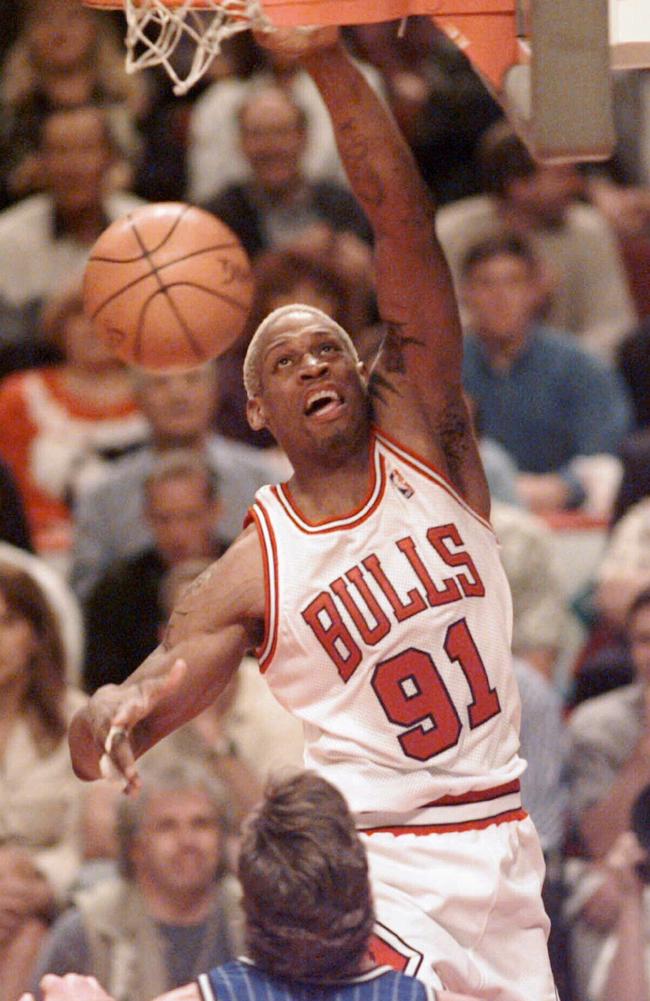 Dennis ‘The Worm’ Rodman in full flight for the Chicago Bulls. Picture: Supplied