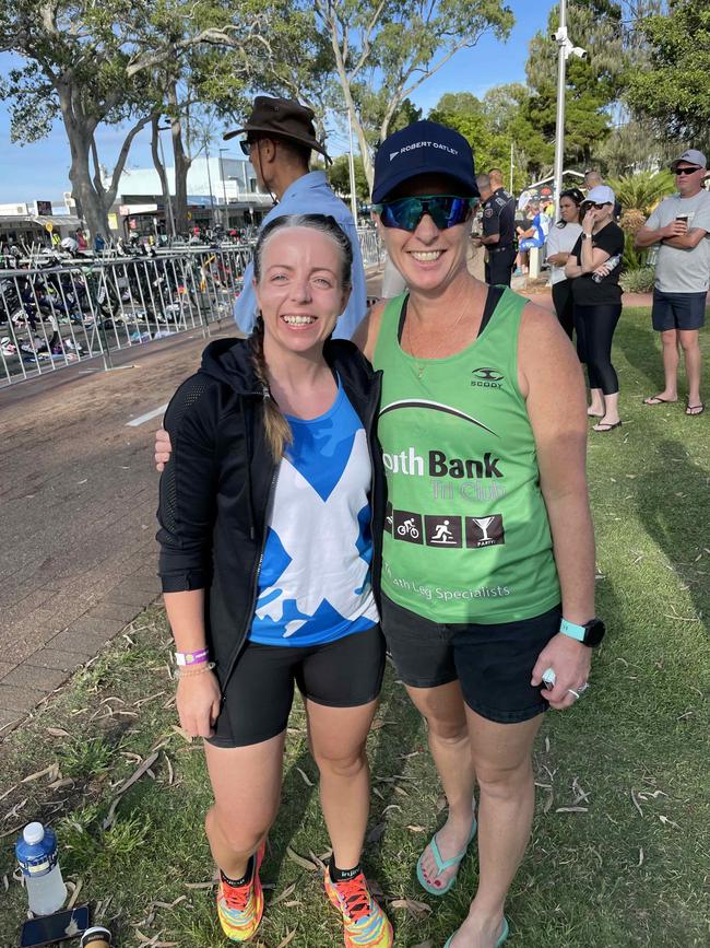 Tanya Bennett and Sarah Carty at the Hervey Bay 100 Triathlon on Sunday, November 26, 2023.