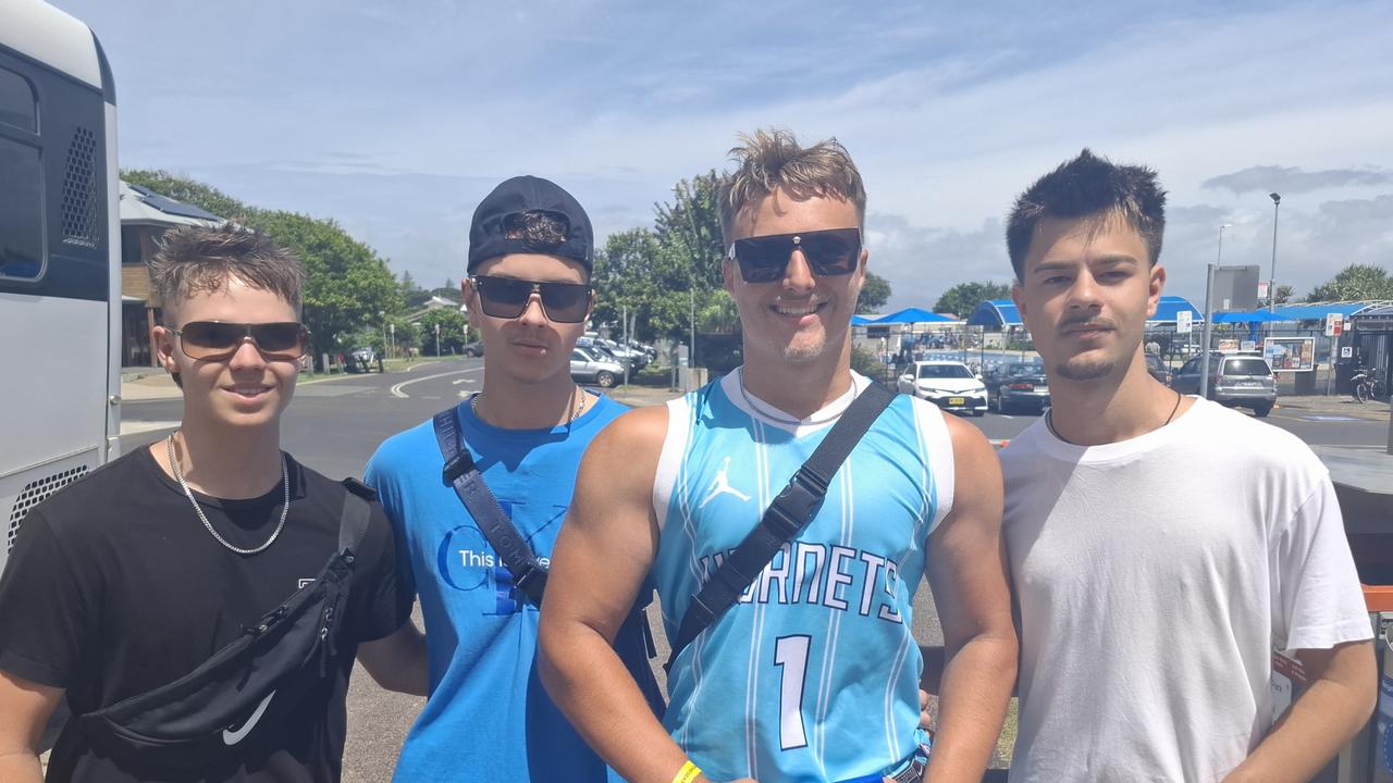 Ethan Karamitos, 18, Jeremy Costa, 18, Jack Kowalczyk, 18 and Jordan Nasta, 18, at Byron Bay Schoolies celebrations on November 28, 2024. Picture: Sam Stolz / News Local.