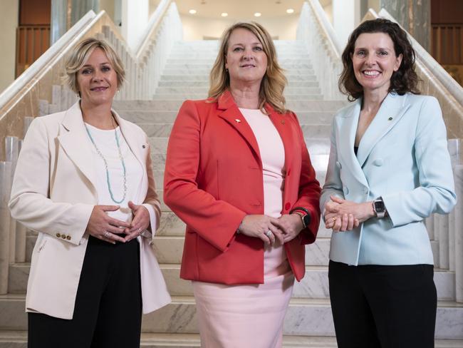 WARNING: Do not use images without permission from Wentworth Courier editor tim.mcintyre@news.com.au Exclusive photos for Wentworth Courier. , , Zali Steggall, Kylea Tink and Allegra Spender MPs in the marble foyer at parliament house Canberra. , , Photos by Martin Ollman