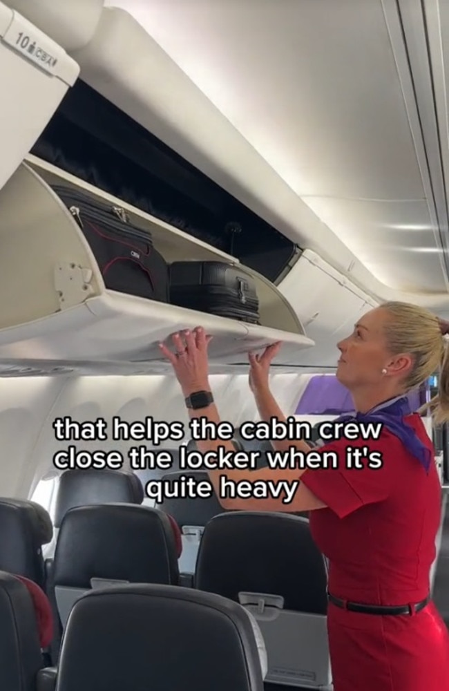 Lockers can hold up to 58kg of weight so the switches make closing them a lot easier for crew and passengers, according to the airline. Picture: TikTok/virginaustralia