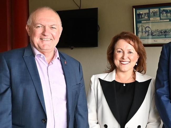 Minister for Gaming and Racing, David Harris (left) and Racing NSW’s newly appointed chair Dr Saranne Cooke. Picture: Steve Hart Photographics