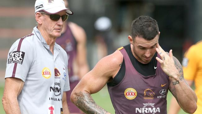 Brisbane Broncos training at Red Hill. Coach Wayne Bennett and Darius Boyd. Pic Jono Searle.