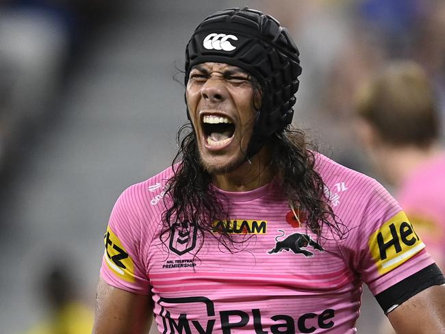 TOWNSVILLE, AUSTRALIA - APRIL 27: Jarome Luai of the Panthers reacts after a Cowboys error during the round eight NRL match between North Queensland Cowboys and Penrith Panthers at Qld Country Bank Stadium, on April 27, 2024, in Townsville, Australia. (Photo by Ian Hitchcock/Getty Images)