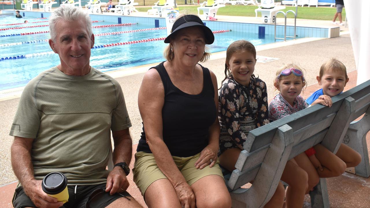 Trevor and Ann Johnson with their grandchildren Lilly Chelepy and Stella and Rylan Curtis at the Central Queensland Swimming Championships at the 2nd World War Memorial Aquatic Centre, Rockhampton, on March 1, 2025.