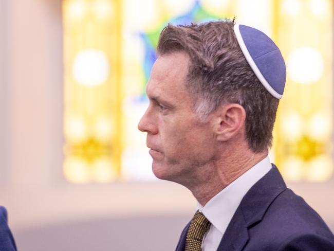 Premier Chris Minns visits the Emanuel Synagogue in Woollahra after anti-Israel graffiti was sprayed across buildings and cars in recent days. Picture: Jeremy Piper