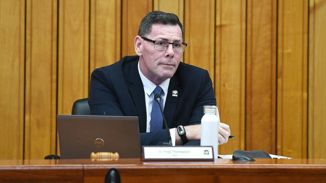 Mayor Troy Thompson at a Townsville City Council meeting prior to being suspended last year. Picture: Shae Beplate.