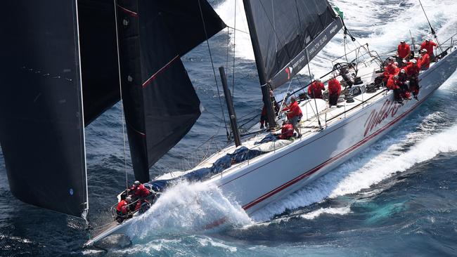 Wild Oats XI makes its way down the coast following the start of the Sydney to Hobart Yacht race in Sydney, Thursday, December 26, 2019. (AAP Image/Dean Lewins) NO ARCHIVING, EDITORIAL USE ONLY