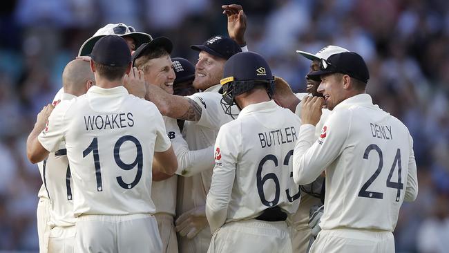 England’s players celebrate their fifth-Test win at The Oval. Picture: Getty Images