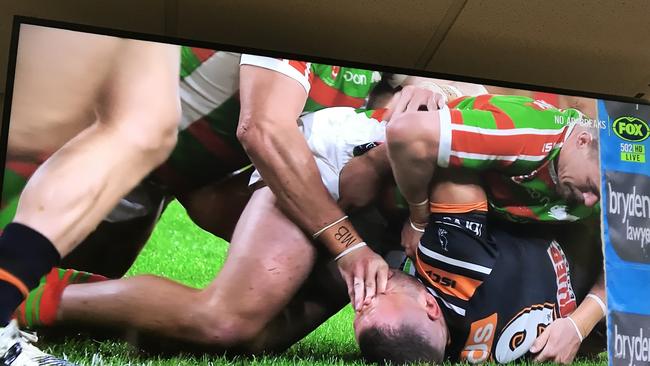 Burgess was put on report for an alleged eye gouge of Wests Tigers hooker Robbie Farah during their round 15 clash. Picture: Fox Sports