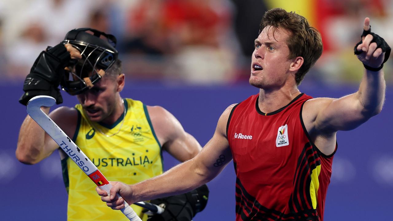 Tom Boon celebrates a goal for Belgium against the Kookaburras. Picture: Getty Images