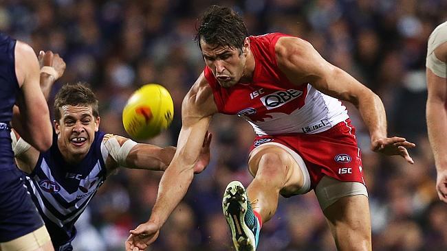 Sydney's clearance king Josh Kennedy is more comfortable dishing it out than whacking it on the boot. Picture: Phil Hillyard