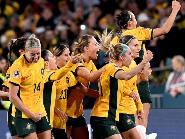 It was a bittersweet moment for Logarzo watching her Matildas teammates celebrate their World Cup win against Ireland. Picture: Bradley Kanaris/Getty Images