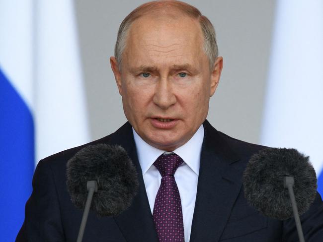 (FILES) In this file photo taken on August 23, 2021 Russian President Vladimir Putin delivers a speech during the opening ceremony of the International Military-Technical Forum 