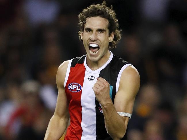 MELBOURNE, AUSTRALIA - MAY 01: Max King of the Saints celebrates a goal during the 2021 AFL Round 07 match between the St Kilda Saints and the Hawthorn Hawks at Marvel Stadium on May 01, 2021 in Melbourne, Australia. (Photo by Dylan Burns/AFL Photos via Getty Images)