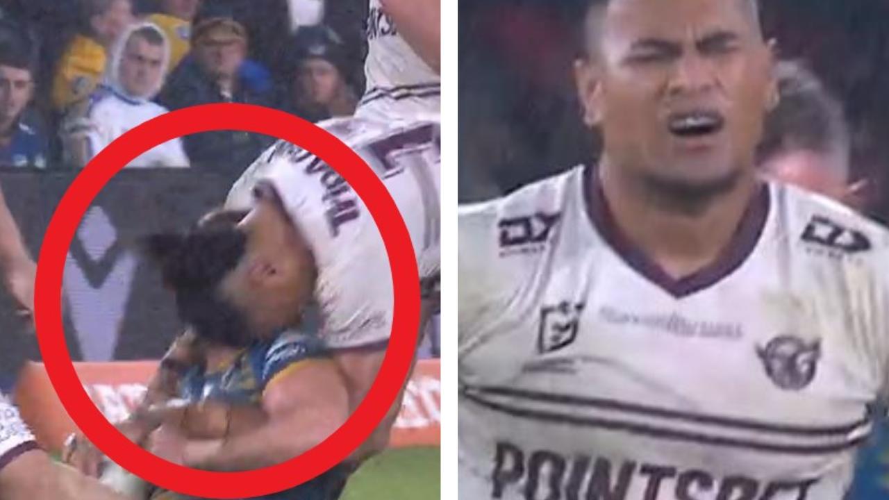 A Manly forward is set to escape a suspension for his crusher tackle on Eels star Clinton Gutherson. Picture: Fox League