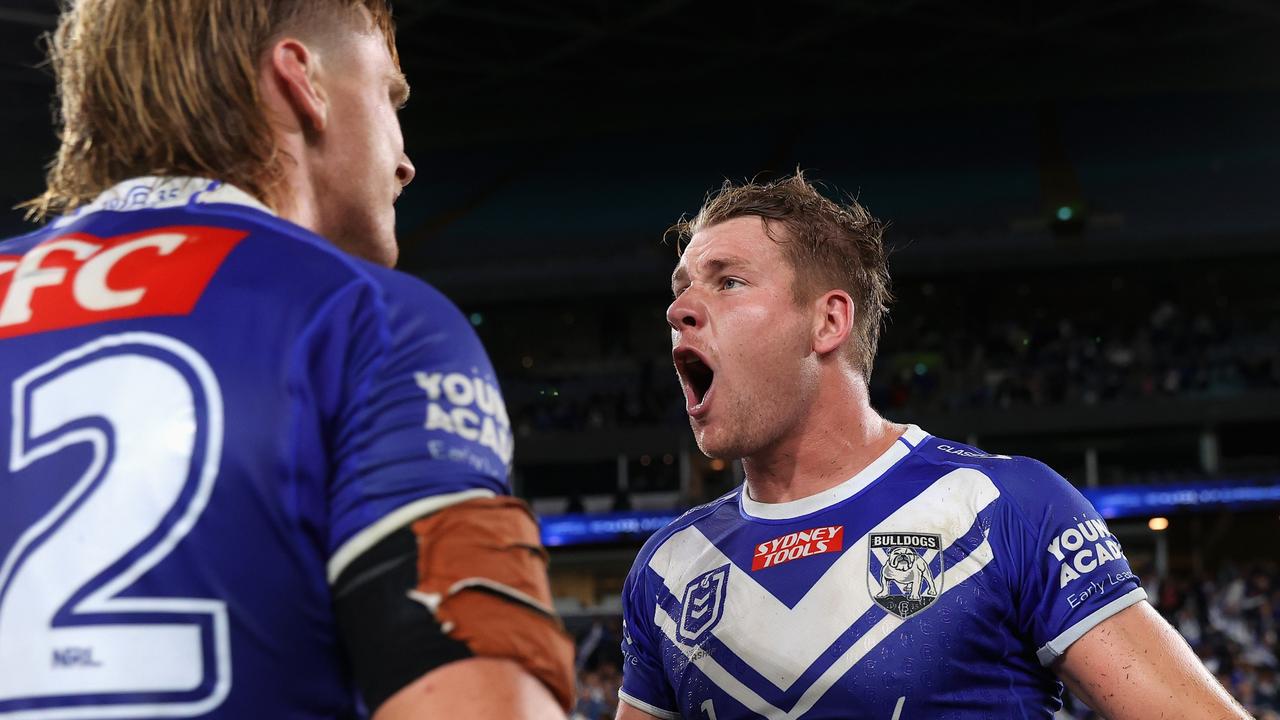 The Bulldogs’ Matt Burton celebrates his field goal that delivered Canterbury a golden-point victory over the Cowboys in round 5. Picture: Cameron Spencer/Getty Images