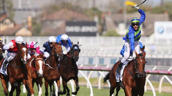 Jockey Nicholas Hall celebrates Jameka’s Caulfield Cup win. Picture: Getty Images