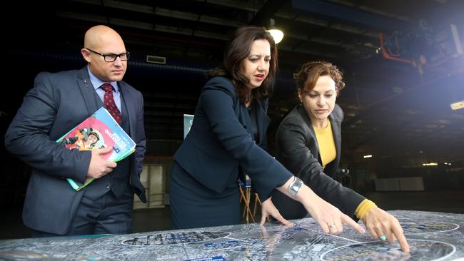 Curtis Pitt, Annastacia Palaszczuk and Jackie Trad at a Cross River Rail press conference in Woolloongabba. Photo: Steve Pohlner