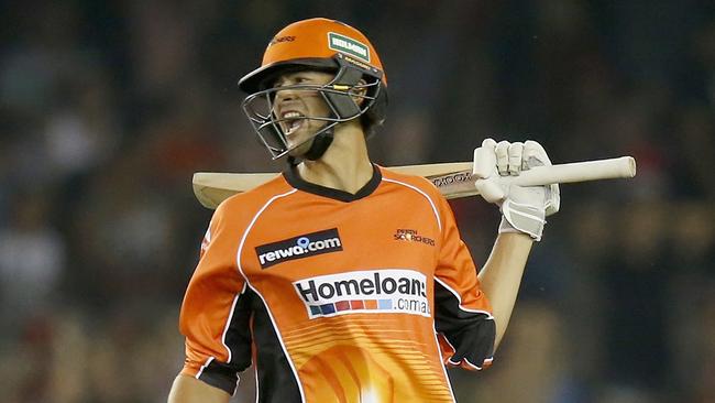 Ashton Agar celebrates hitting the winning runs for Perth Scorchers.