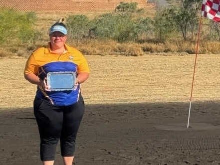 Shai Pearce celebrates after winning her second title at the Queensland Ladies Sand Green Championships, this time at Richmond in 2014.