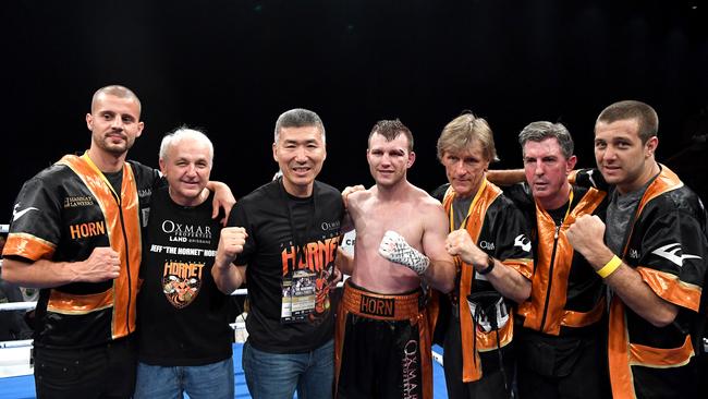 Jeff Horn’s team left to right: Adam Copland, Phil Murphy, Dundee Kim, Jeff Horn, Glenn Rushton, Stephen Edwards, Ben Horn. Picture: Bradley Kanaris/Getty