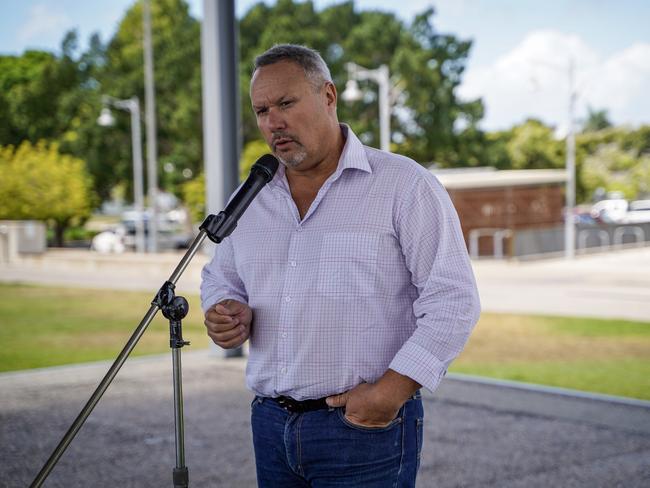 Mirani MP Stephen Andrew speaking at the Crime and Justice Rally held at the Bluewater Quay, Mackay on Saturday. Mr Andrew said solving the high youth crime rate would take a community approach. Picture: Heidi Petith