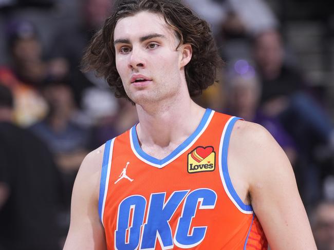SACRAMENTO, CA - DECEMBER 14: Josh Giddey #3 of the Oklahoma City Thunder looks on during the game against the Sacramento Kings on December 14, 2023 at Golden 1 Center in Sacramento, California. NOTE TO USER: User expressly acknowledges and agrees that, by downloading and or using this photograph, User is consenting to the terms and conditions of the Getty Images Agreement. Mandatory Copyright Notice: Copyright 2023 NBAE (Photo by Rocky Widner/NBAE via Getty Images)