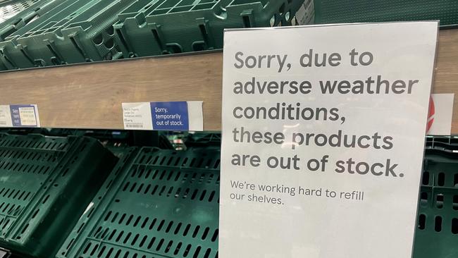 Empty shelves in the fruit and vegetable aisles of a Tesco supermarket in England. Picture: Getty Images.