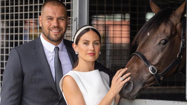 Buddy ÃLanceÃ Franklin and wife Jesinta with a Gay Waterhouse trained horse Knights order. Picture: Jason Edwards